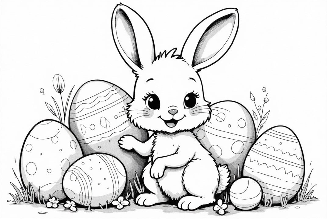 Coloriage lapin de pA¢ques avec des Aufs dans le jardin